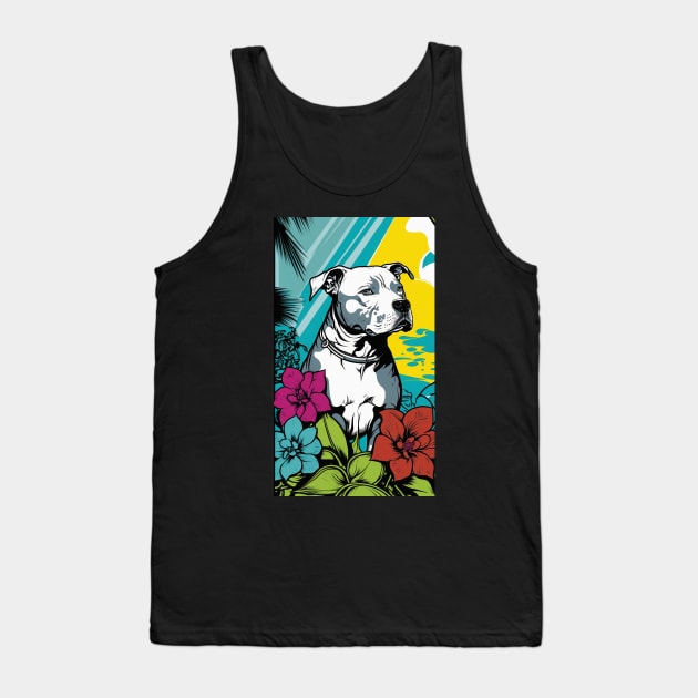 American Staffordshire Terrier PitBull Dog Vibrant Tropical Flower Tall Retro Vintage Digital Pop Art Portrait 7 Tank Top by ArtHouseFlunky